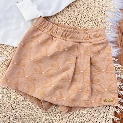 Conj. Blusa Manga Longa Cute Bows Club e Short Saia Corações - Off White e Caramelo